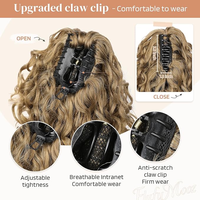 Flufymooz 100％ Pure Protein Ponytail Extension, 18 Inch Curly Claw Clip Ponytail Hair Extensions Natural Soft pony tail hairpiece for women-Dark Blonde