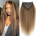Kinky Straight Clip in Hair Extensions Real Human Highlight Clip ins For Women Unprocessed Clip on Hair Extensions(14inch,#4/27/4)