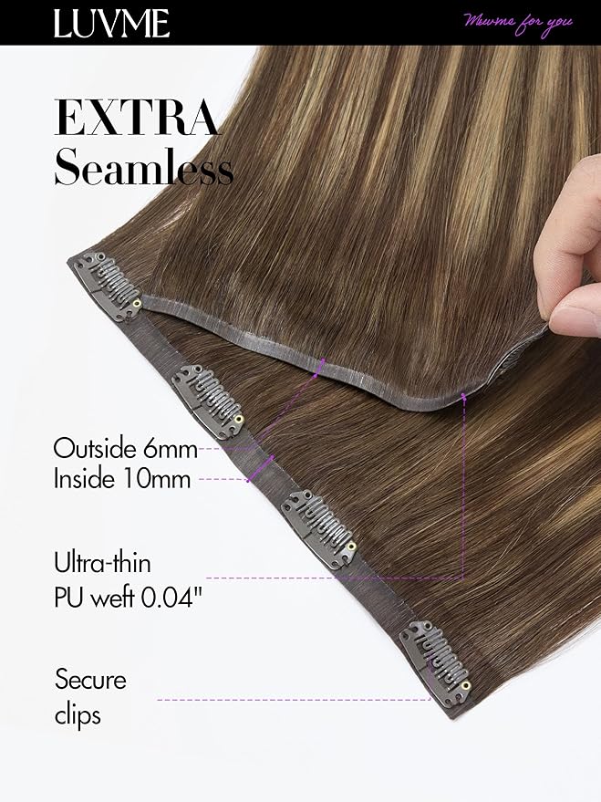 LUVME Straight Seamless 110g 7Pcs Clip in Hair Extensions Full Max with 16inch Remy Human Hair Extensions, Highlight Color 100% Real Soft Human Hair