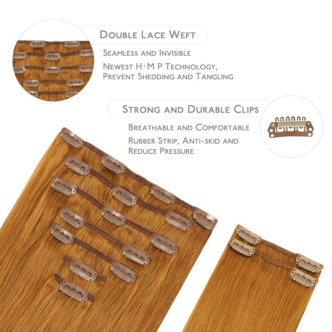 WENNALIFE Clip in Hair Extensions Real Human Hair, 18 Inch 150g 9pcs Human Hair Extensions Clip In, Auburn Ginger Hair Extensions Clip In Real Hair Coloured Remy Human Hair Extensions