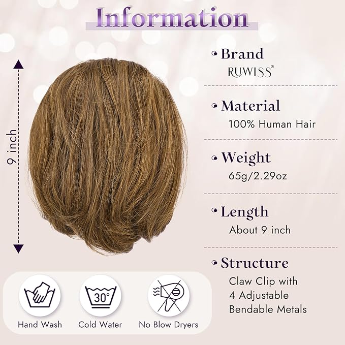 RUWISS Claw Clip Short Human Hair Ponytail Extension with Bendable Metals for DIY Styles, Straight Messy Bun Hair Piece for Women Thick Hairpieces for Daily Wear, 9 Inch Medium Brown