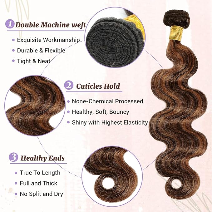P1B/30 Body Wave Bundles Human Hair Highlight Brown Color Body Wave Bundle 100% Real Human Hair And True To Length 20 22 24 Inch 3 Pcs/Pack