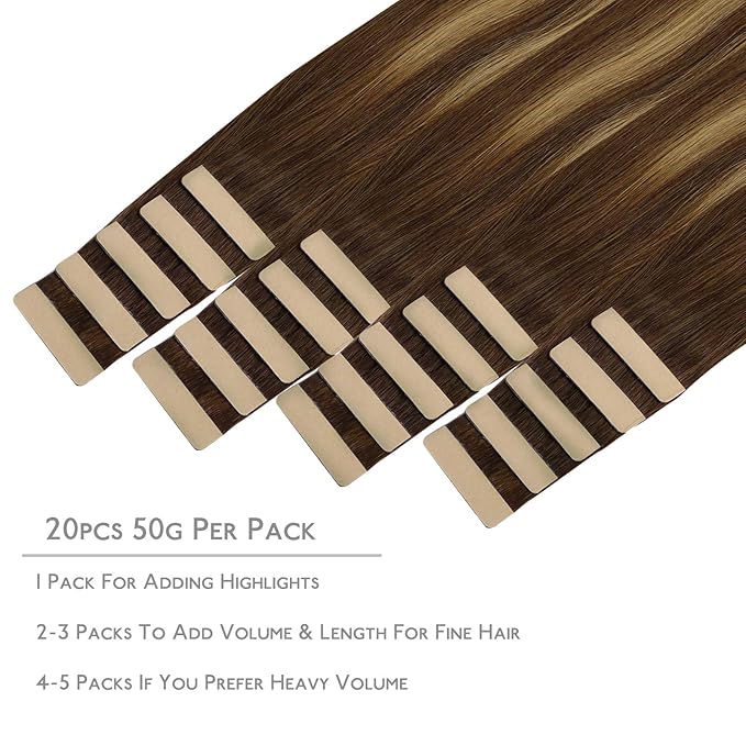 WENNALIFE Tape in Hair Extensions Human Hair, 20pcs 60g 26 inch Balayage Chocolate Brown to Caramel Blonde Remy Hair Extensions Straight Human Hair Tape in Extensions Skin Weft Tape Extensions