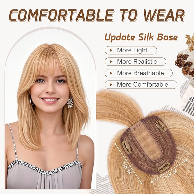 Rich Choices Real Human Hair Toppers for Women With Bang 100% Remy Human Hair Topper for Thinning Hair Clip in Silk Base Hair Topper 14 Inch #12P613 Golden Brown Mix Bleach Blonde