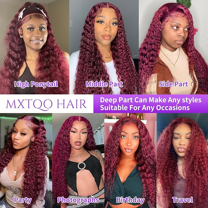 28 Inch 99J Burgundy Lace Front Wigs Human Hair Deep Wave 13x6 HD Lace Front Wigs Pre Plucked with Baby Hair Wet and Wavy Human Hair Wig 200% Density Deep Curly Frontal Wigs for Black Women