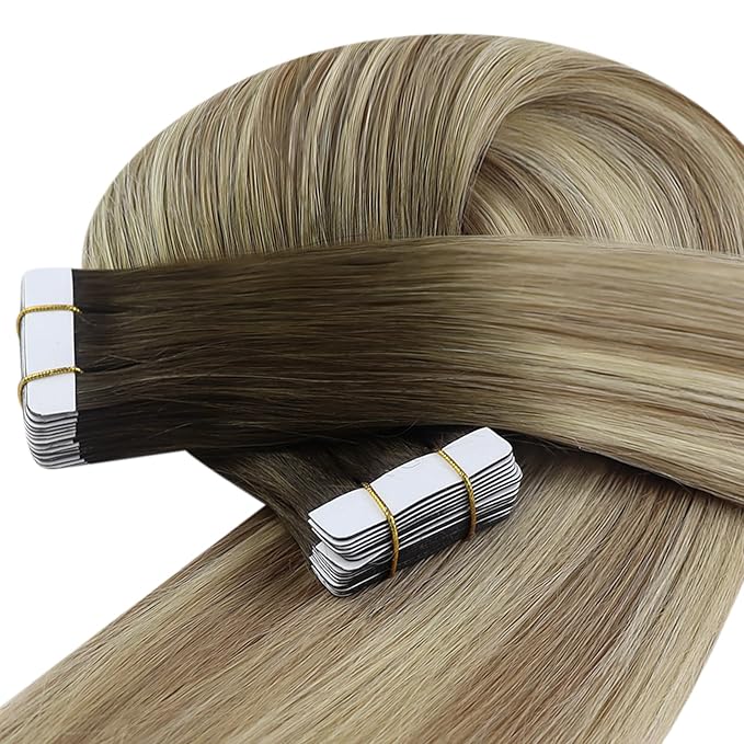 YoungSee Tape in Hair Extensions Real Human Hair Brown Balayage Tape in Hair Extensions Ombre Dark Brown to Medium Brown with Blonde Hair Extension Tape-in Real Human Hair for Women 18 Inch 20pcs 50g