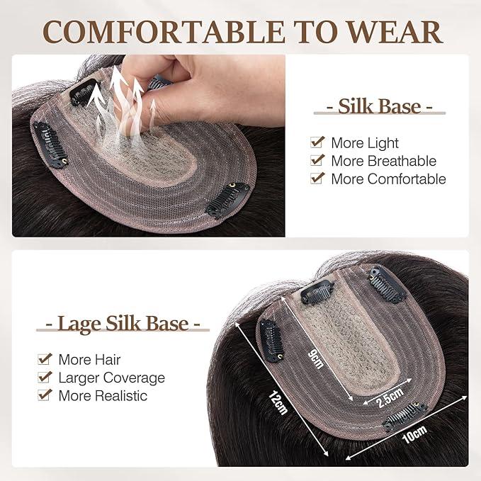 Rich Choices Hair Toppers for Women Real Human Hair 100% Human Remy Toppers NO Bangs for Women with Thinning on Top Clip in Hairpiece 4"x4.7"Lace Base 8 Inch #1B Natural Black