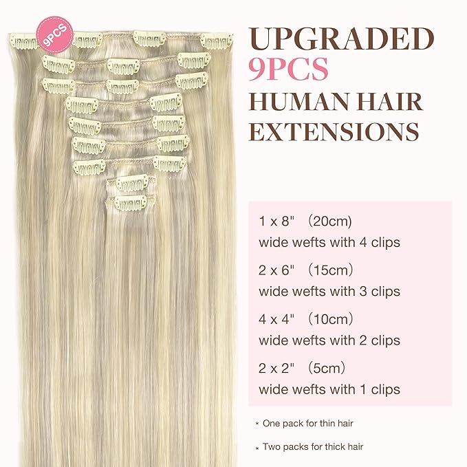 GOO GOO Clip in Hair Extensions Real Human Hair, Remy Human Hair Extensions Clip ins for Women, Natural Human Hair, 22inch 150g 9Pcs, 17A/60A Ash Blonde Highlighted Platinum Blonde