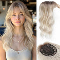 Hair Topper, 360° 3D Hair Toppers for Women with Thinning Crown, 20 Inch Long Wavy Curly Hair Pieces Clip in Bangs (Ash Blonde Mix Highlights with Brown Root, 20 inch, French Bangs)