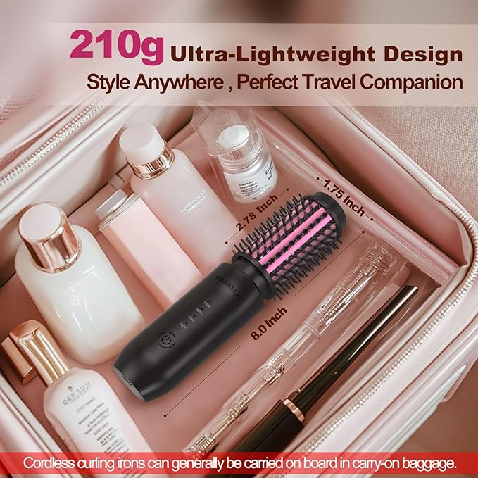 Youbella Cordless Hair Curling Iron Brush, Mini Travel Hot Straightener Comb, 3-in-1 Portable Wave Curling Wand, 1.5″ Ionic Heated Brush, USB Rechargeable Hair Curler, Black – No Automatic Rotation