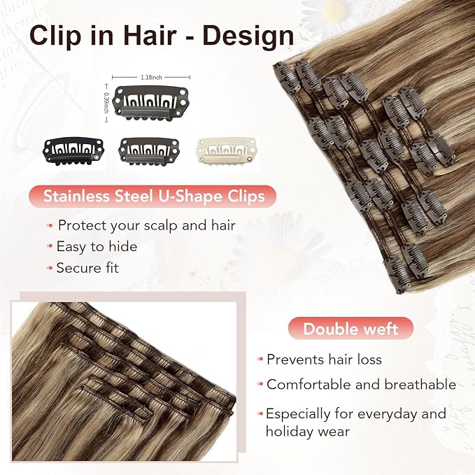 XDhair Clip In Hair Extensions Remy Human Hair 100g 6Pcs Medium Brown #4 Mixed to Caramel Blonde #27 Clip In Real Hair Extensions Silk Stright (#4P27,14Inch)