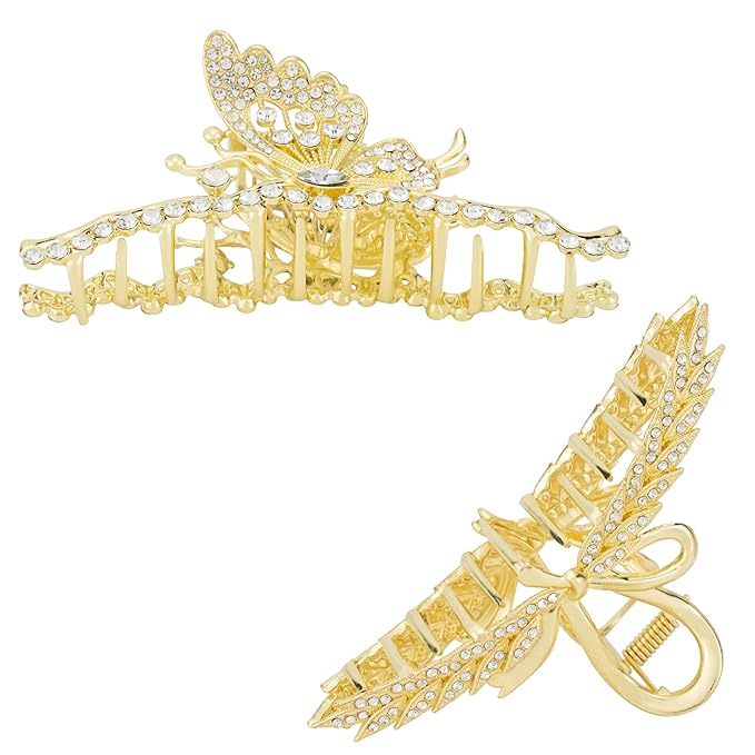2PCS Gold Butterfly Rhinestone Claw Clips, Bling Butterfly Hair Clips for Women, Large Metal Hair Clips for Thick Hair & Styling