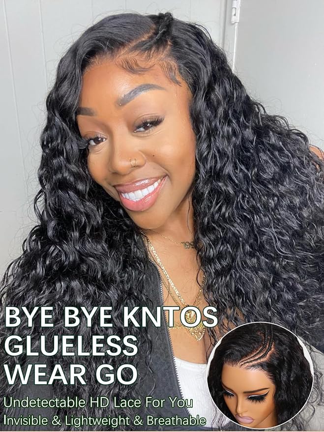 KLAIYI Bye Bye Knots Glueless Wig Pre Cut Water Wave HD Lace Front Wigs Human Hair Pre Bleached Pre Plucked Ready to Go Wigs for Women 30S Easy to Wear Put On and Go Curly Wig Beginner Friendly 16Inch