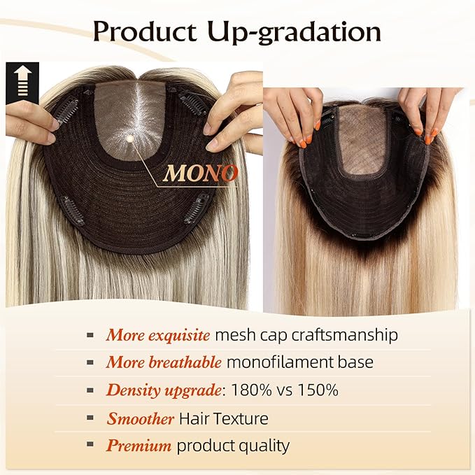MONO TOP Hair Toppers for Women Human Hair 12 Inch 7"×8" Big Base Partial wig Cover Thinning Hair or Loss No Bangs Top Hair Pieces Natural Wiglets (Ombre Blonde)