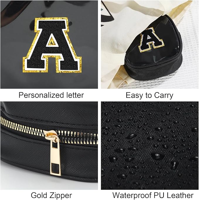 YOOLIFE Initial Makeup Bag Travel Toiletry Bag, Clear Makeup Bag Car Accessories For Women Clear Makeup Bags With Zipper Girlfriend Teacher 13 Year Old Girl Gifts Daughter Girl Gifts Mini Black E