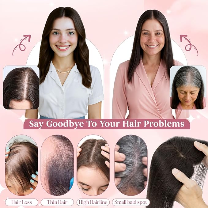 Real Human Hair Toppers for Women 3.54"*4.72" Silky Base 150% Density No Bangs Adjustable Parting Clip-In Topper Hairpieces for Women with Thinning Hair 16 Inches Natural Black