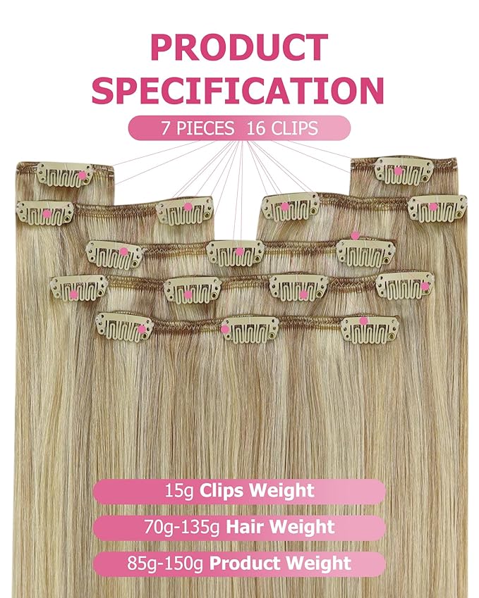 YoungSee 150G Clip in Human Hair Extension Golden Blonde Clip in Extensions Light Blond Mix Golden Blonde Highlight Human Hair Extensions Clip ins Straight Remy Hair 7Pcs 20Inch