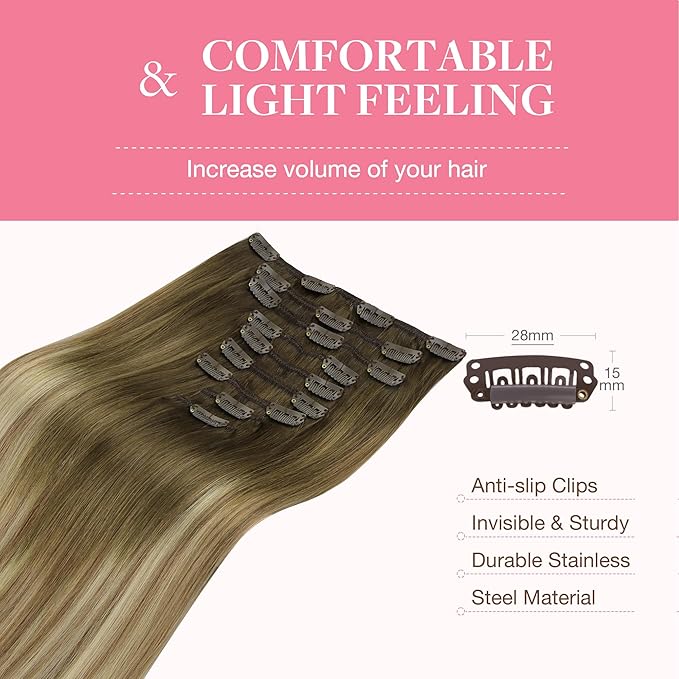 GOO GOO Clip in Hair Extensions Real Human Hair, Remy Human Hair Extensions Clip ins for Women, Natural Human Hair, 20inch 150g 9Pcs, 3/8/613 Balayage Walnut Brown to Ash Brown and Bleach Blonde