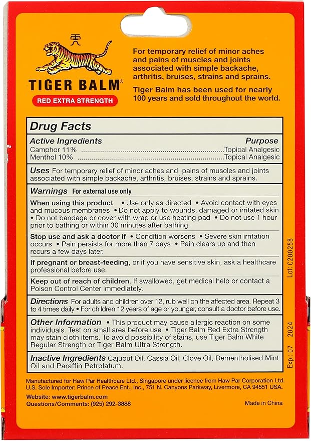 Tiger Balm Red Extra Strength Rub Balm, Alcohol Free, Cruelty Free, 0.63 Ounce (Pack of 6)