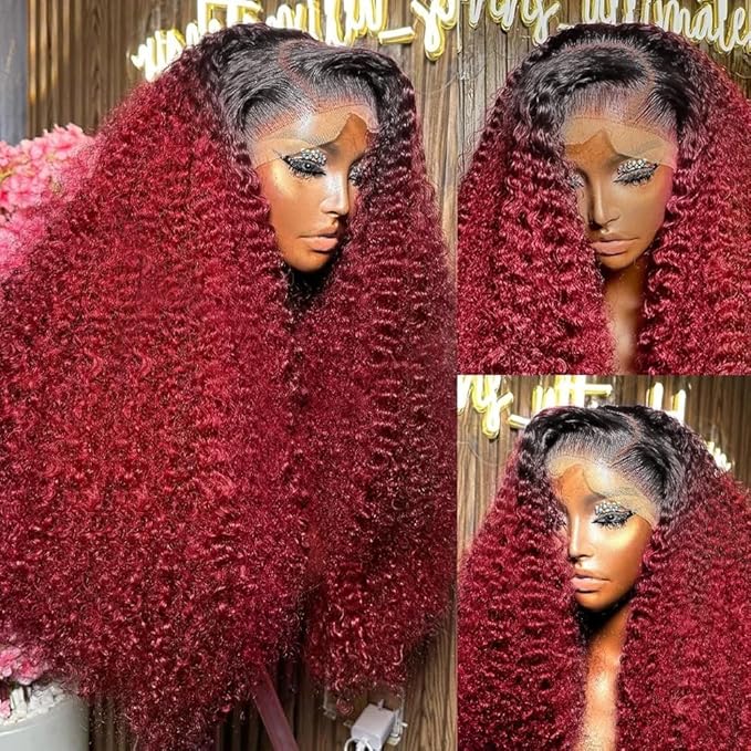 AMIRTY 30Inch 250 Density Burgundy Deep Wave Lace Front Wigs Human Hair Pre Plucked Wigs 13x6 1B/99J Water Wave Human Hair for Women Drawstring Wig Human Hair13x6 HD Burgundy Deep Human Hair Wig