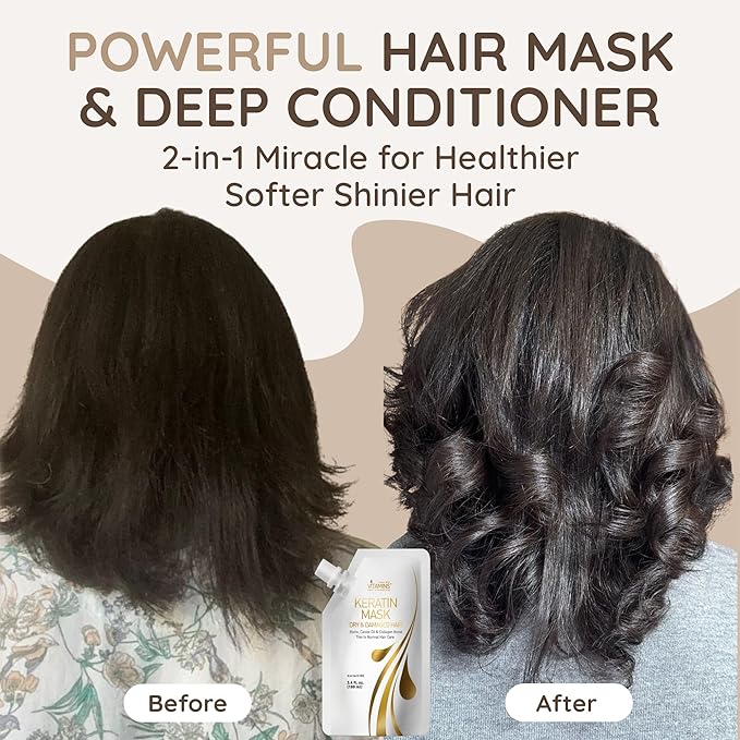 VITAMINS hair cosmetics Keratin Hair Mask - Protein Repair Keratin Treatment - Deep Conditioner for Dry, Damaged, Curly, Straight & Frizzy Hair with Biotin, Collagen & Castor Oil - 3.4 Fl Oz
