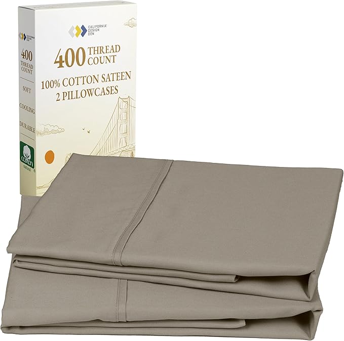 California Design Den Standard Queen Size Pillowcase Set - 400 Thread Count, 100% Cotton Sateen, Set of 2 Pillow Covers, Soft and Breathable - Taupe