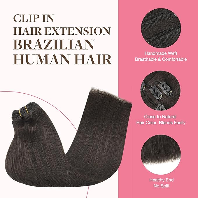 GOO GOO Clip in Hair Extensions Real Human Hair, Remy Human Hair Extensions Clip ins for Women, Natural Human Hair, 14inch 150g 9Pcs, 2 Dark Brown