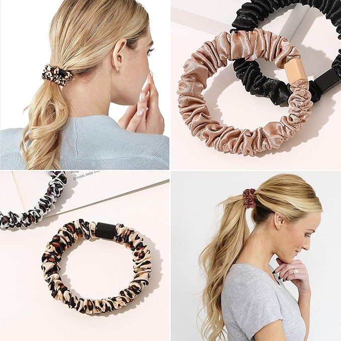 Silk Hair Ties Satin Scrunchies - Small Mini Scrunchy for Women Thick Hair Accessories Cute Soft No Slip Hair Elastics Ponytail Holder for Curly Hair No Damage Hairties Gift for Girls