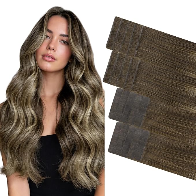 GOO GOO Invisi Edge Tape in Hair Extensions Human Hair, 4/26/4 Balayage Chocolate Brown to Honey Blonde 10pcs injected with 10pcs classical tape ins, 18inch 50g, Virgin Remy Hair, Natural Look