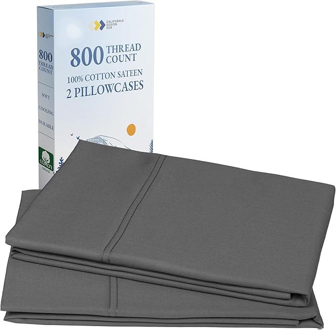 California Design Den Heirloom Soft, Smooth & Thick Certified 800 Thread Count 100% Cotton Sateen, 2 Pillow Cases King Size, Fits King Pillows (Grey)