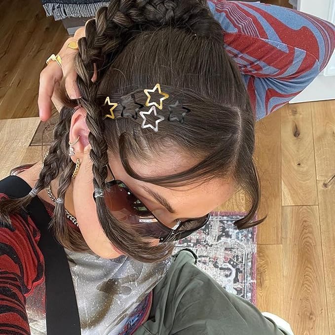 Star Hair Clips 2000s Y2K Snap Hair Barrettes Non Slip Star Hair Accessories Black Gold Silver Metal Hair Clips for Girls Women -15 PCS 1.18"