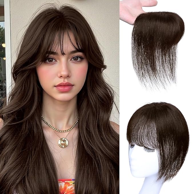 Hair Toppers for Women Real Human Hair 3D Bangs Clip 100% Human Toppers for Women 10 Inch Clip in Bangs Hairpieces (Dark Brown)