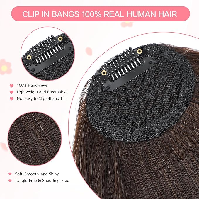 Clip in Bangs 100% Real Human Hair, French Bangs Hair Clip, Fake Bang Fringe with Temples Hairpieces for Women Daily Wear (Dark Brown, French Bangs)