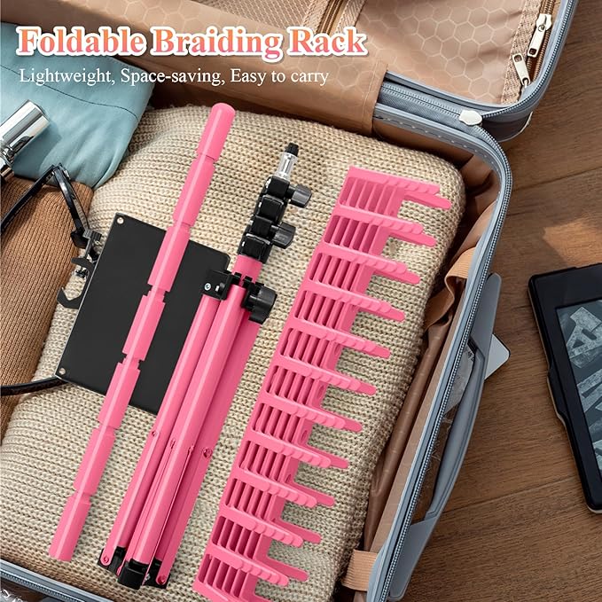 Braiding Hair Rack with Tray, 144 Pegs Height Adjustable Braiding Rack, 2-side Hair Extension Holder Hanger, Hair Stand with Stylist Hair Braiding Tools for Hair Salon Home Traveling (Pink)