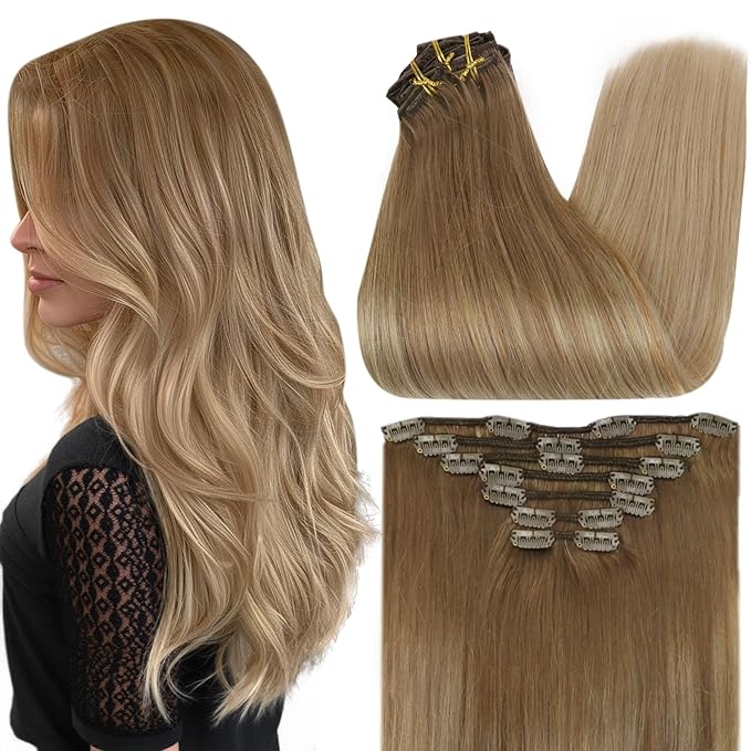 Full Shine Brown Blonde Clip in Hair Extensions 16 Inch Ombre Golden Brown Clip in Hair Extensions Real Human Hair 7 Pcs 120 G