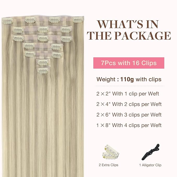 GOO GOO Clip in Hair Extensions Real Human Hair, Remy Human Hair Extensions Clip ins for Women, Natural Human Hair, 20inch 130g 7Pcs, #17A/60A Ash Blonde Highlighted Platinum Blonde