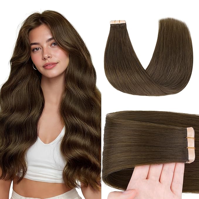 GOO GOO Tape in Hair Extensions Human Hair, #4H Light Chocolate Brown, 24inch 50g 20pcs, Skin Weft Seamless Invisible, Silky Straight with Thick Ends, Remy Human Hair