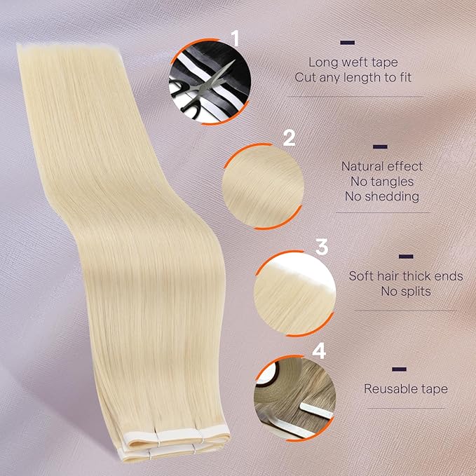 Full Shine Tape in Hair Extensions Human Hair One Piece 50G Remy Tape in Weft Human Hair Extensions Color 60 Blonde Genius Weft Pu Wide Tape Double Sided Adhesive 20Inch Silky Straight for Influencer