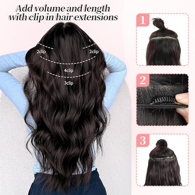 KooKaStyle Clip in Hair Extensions Long Wavy 4PCS Thick Hairpieces Synthetic Ash Blonde Balayage Fiber Double Weft Natural Hair Extensions for Women 24 Inch Daily Use