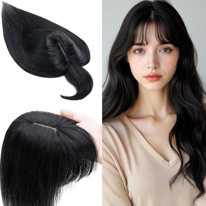 SEGO 100% Real Human Hair Toppers, with Air Bangs, Silk Base 150% Density, Clip in Topper, 2.7”x5.1”, HairPieces for Women, with Thinning/Hair Loss Cover Gray