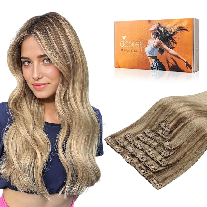 DOORES Clip in Hair Extensions Balayage Medium Copper to Sandy Blonde 120g 7pcs 16 Inch, Real Human Hair Extensions Clip in Straight Natural Remy Weft