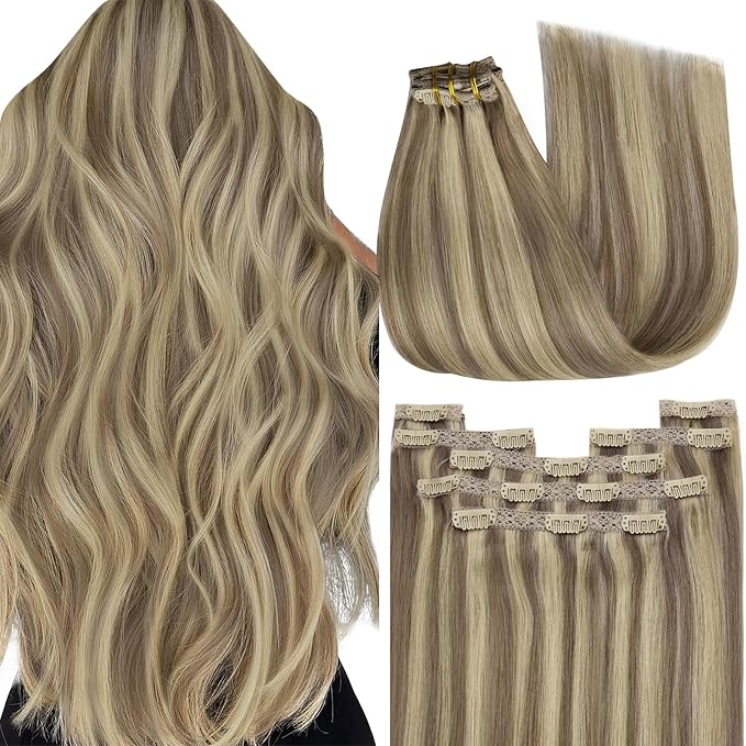 YoungSee Clip in Hair Extensions Real Human Hair Highlight Human Hair Extensions clip ins Light Brown Highlights with Blonde Clip in Hair Extensions Human Hair Silky Remy Hair 18In 120G 7Pcs