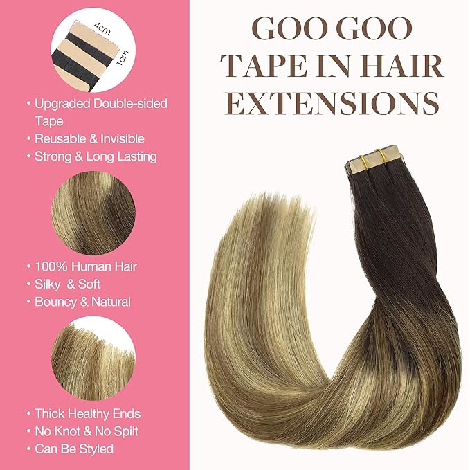 GOO GOO Tape in Hair Extensions Human Hair, 2/6/18 Balayage Brown to Dirty Blonde, 26inch 60g 20pcs, Skin Weft Seamless Invisible, Silky Straight with Thick Ends, Remy Human Hair