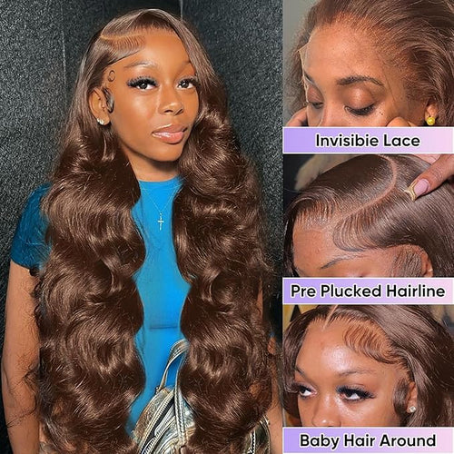 34 Inch Chocolate Brown Body Wave Lace Front Wigs Human Hair 200 Density 13x6 HD Lace Frontal Wigs Human Hair Brown Glueless Wig For Women Pre Plucked with Natural Hairline