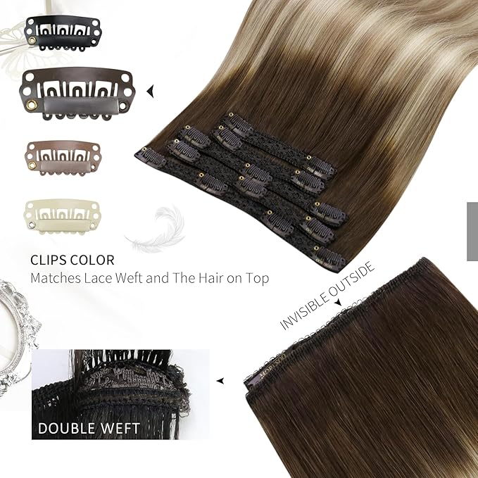 Moresoo Human Hair Clip in Extensions Ombre Cool Brown to Medium Blonde with Light Brown Clip in Hair Extensions Short Real Human Hair Clip ins Double Weft 80g/5pcs 14 inch