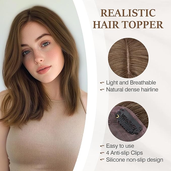 Rich Choices Hair Toppers for Women Real Human Hair 100% Human Remy Toppers NO Bangs for Women with Thinning on Top Clip in Hairpiece 4"x4.7"Lace Base 12 Inch #4R Natural Brown