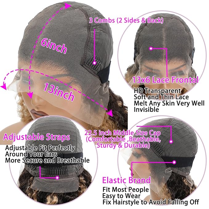 Highlight 13x6 Deep Wave Lace Front Wigs Human Hair 4/27 Ombre Curly HD Transparent Lace Frontal Wig Pre Plucked Glueless Wig human hair 210% Density Wet and Wavy Curly Wigs 18 Inch