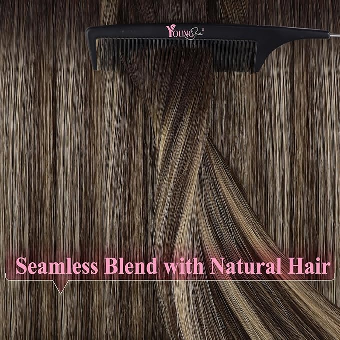 YoungSee Balayage Tape in Hair Extensions Brown Human Hair Tape in Extensions Dark Brown with Blonde Ombre Hair Extension Real Human Hair Tape-in for Girls 20 Inch 20pcs 50g