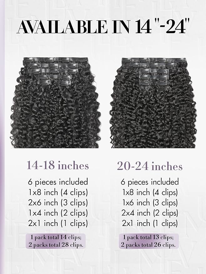 LUVME Invisible Clip in Hair Extensions Messy Curly Real Human Hair, Remy Hair Clip ins for Women, Natural Human Hair, 14 inch 110g 6Pcs, Natural Black