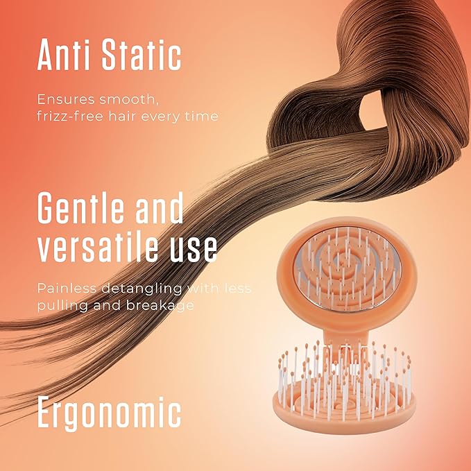 Mini Detangler Travel Hair Brush with Mirror, Makaron Hair Brushes for Women, Men and Kids, Unique 3D Flexible Design for All Hair Types, Styling Accessory, Travel Essentials for Women (PEACH FUZZ)